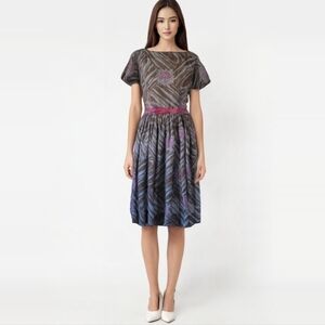 Vintage 1940's‎ Gray Brown and Raspberry Floral Fit and Flare Dress